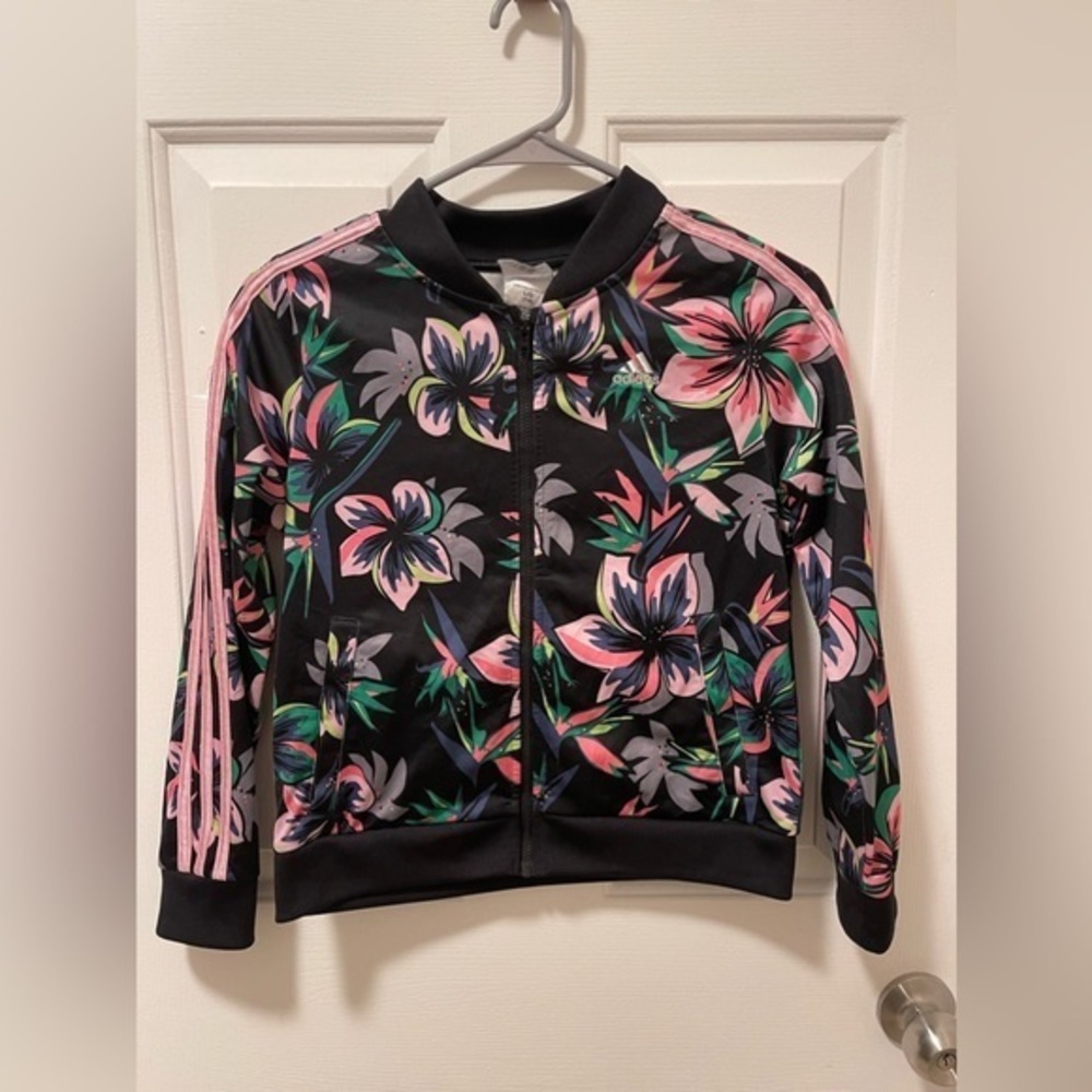 Adidas Girls Size Lg Black and Pink Floral Hibiscus Track Jacket